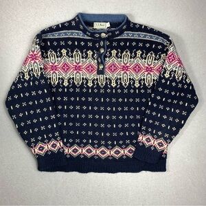 Vintage LL Bean Fair Isle Wool Sweater Womens Large Made In USA Navy Blue